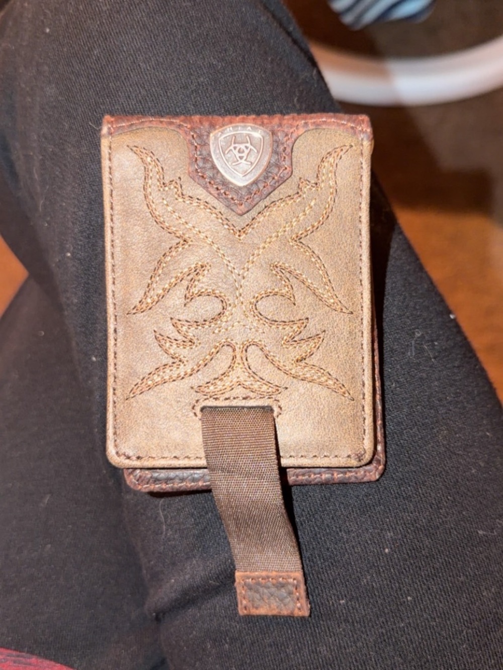 Ariat Brown Embossed Leather Money Clip Wallet with Pull-Tab